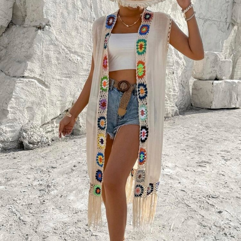 NWT Favlux cream sleeveless crochet fringe long cardigan